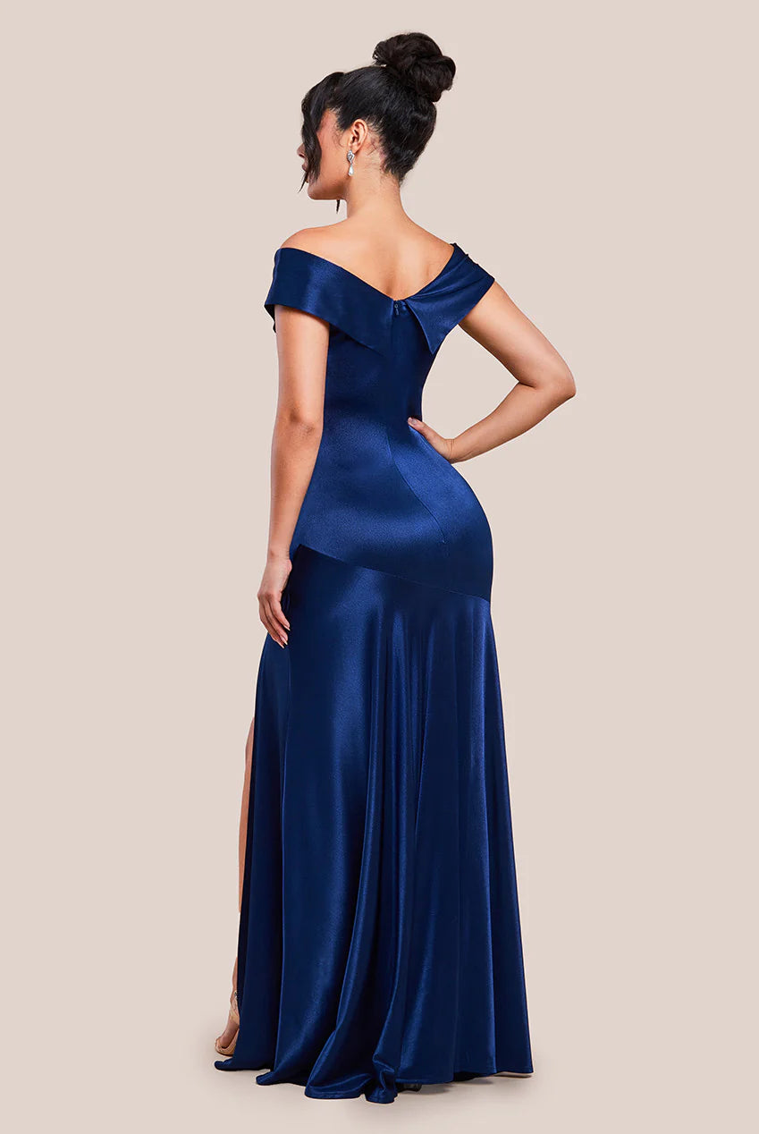 SATIN OFF SHOULDER PLEATED MAXI DRESS