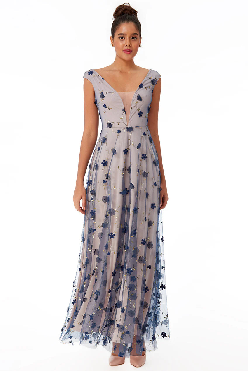 3D FLOWER MESH MAXI DRESS