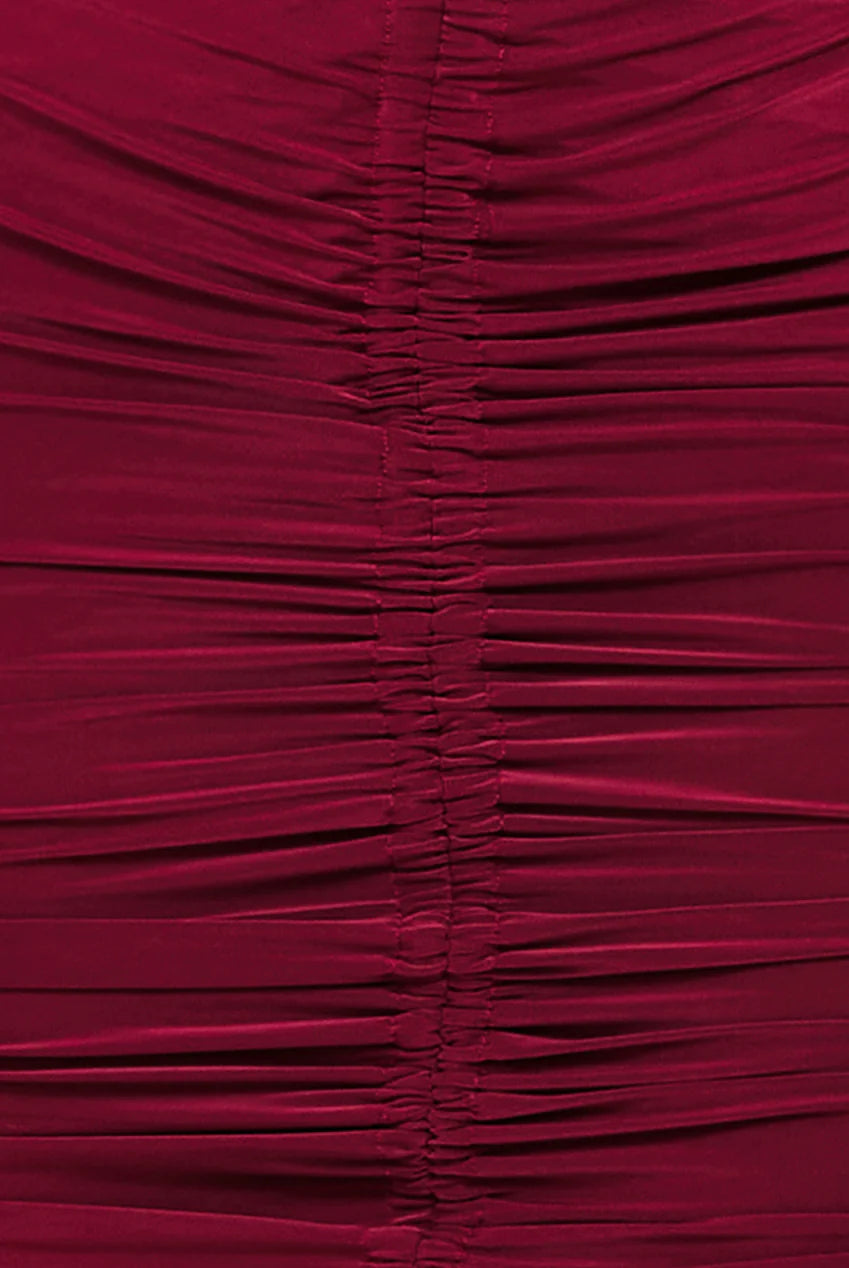 ASYMMETRICAL NECK RUCHED MIDI DRESS