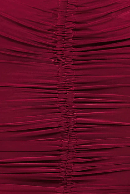 ASYMMETRICAL NECK RUCHED MIDI DRESS