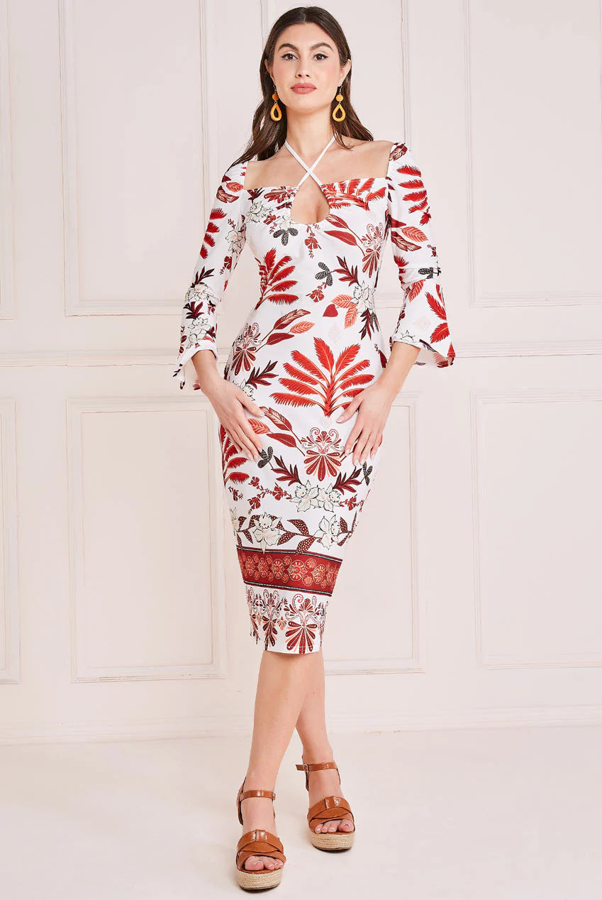 PRINTED TIE BACK MIDI DRESS
