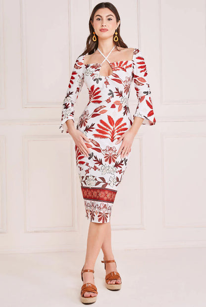 PRINTED TIE BACK MIDI DRESS