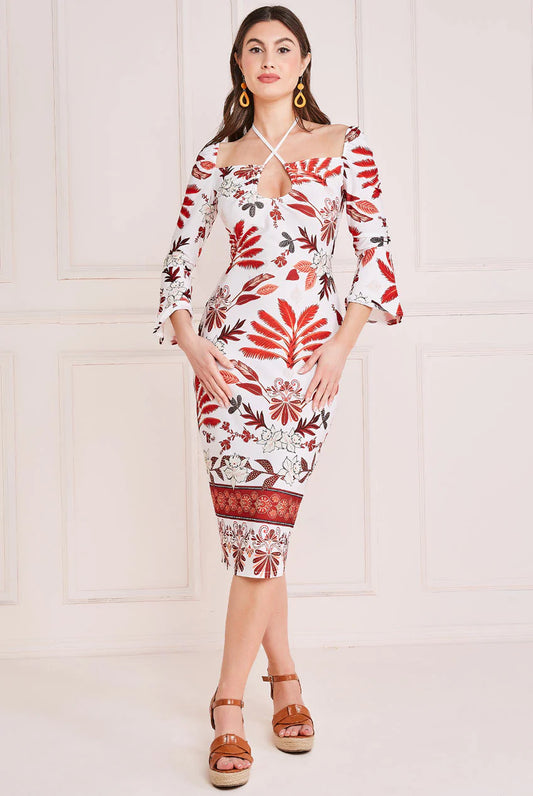 PRINTED TIE BACK MIDI DRESS