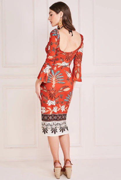 PRINTED TIE BACK MIDI DRESS