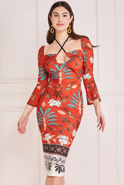 PRINTED TIE BACK MIDI DRESS