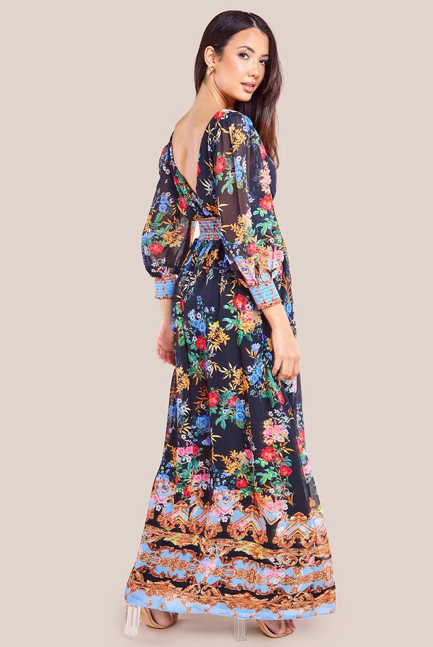 CHIFFON WRAP BORDER FLORAL PRINT MAXI DRESS