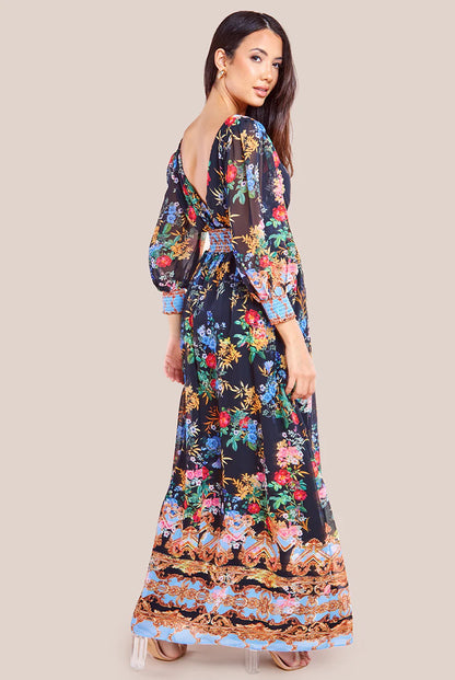 CHIFFON WRAP BORDER FLORAL PRINT MAXI DRESS