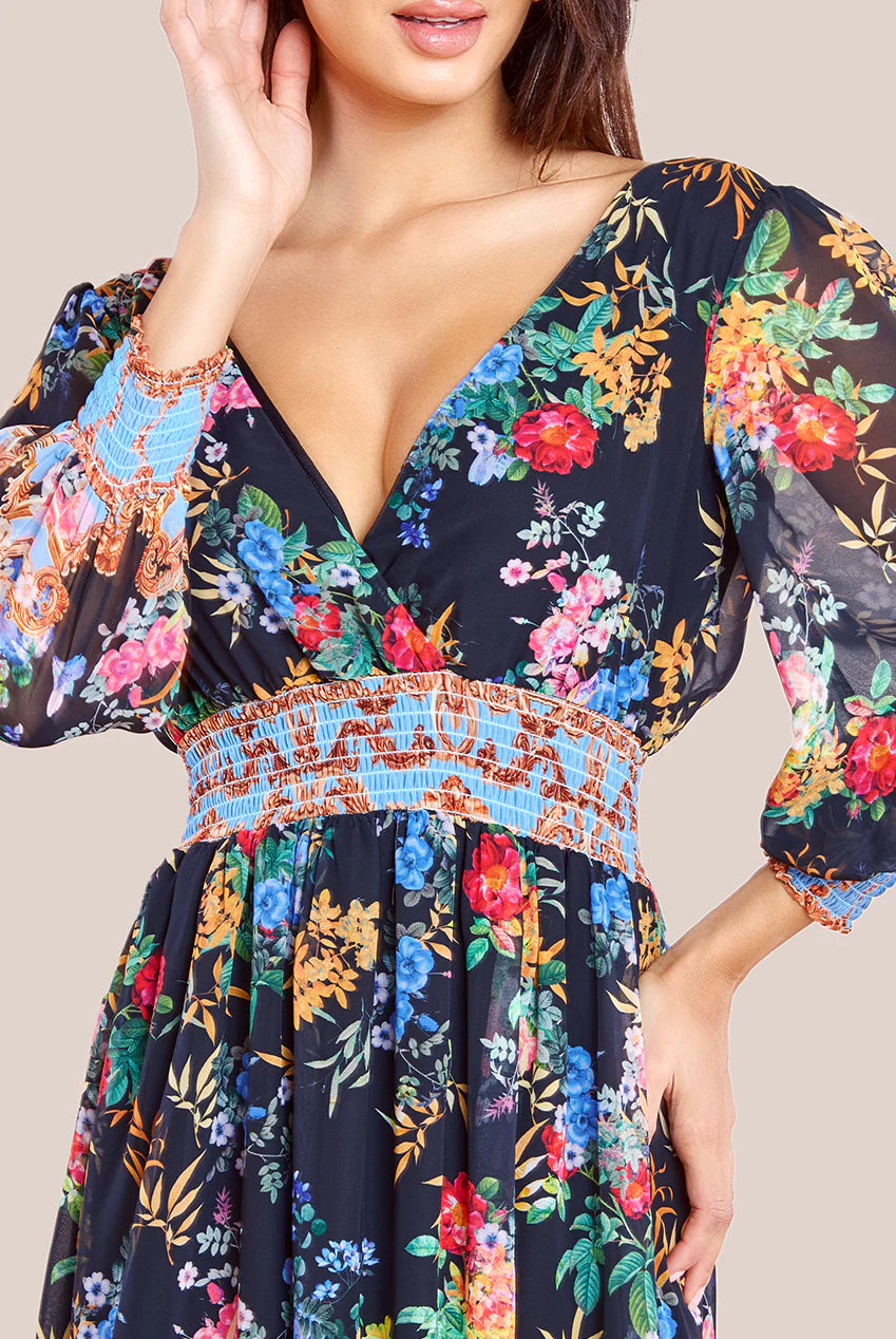 CHIFFON WRAP BORDER FLORAL PRINT MAXI DRESS