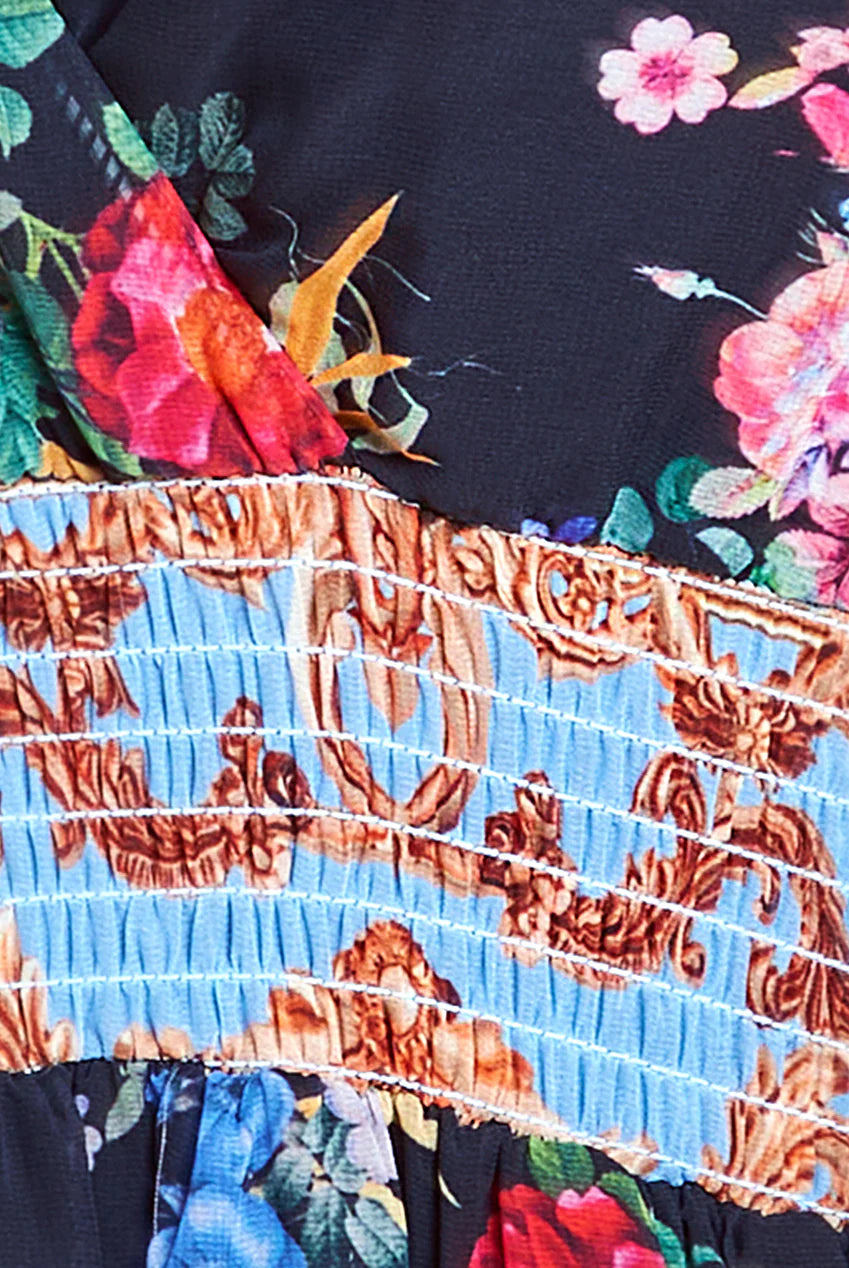 CHIFFON WRAP BORDER FLORAL PRINT MAXI DRESS