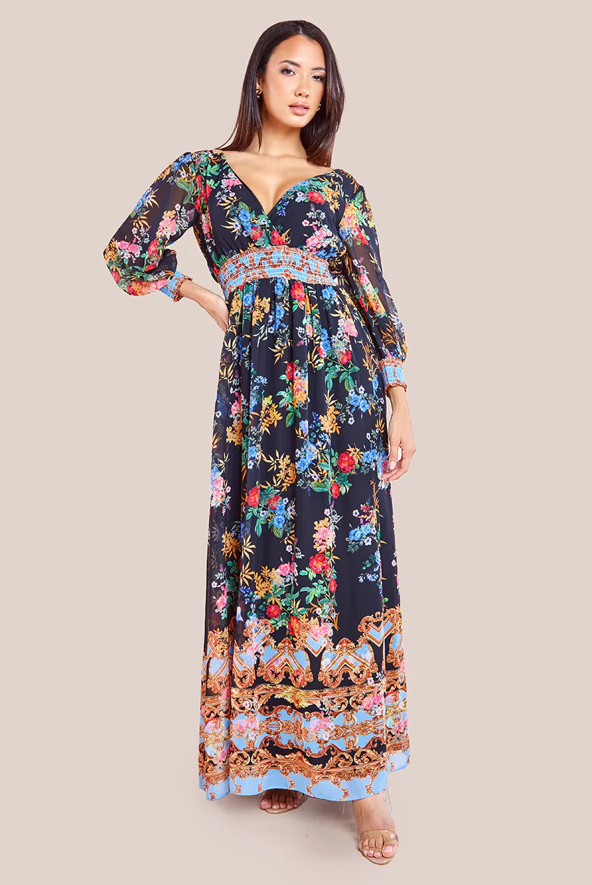 CHIFFON WRAP BORDER FLORAL PRINT MAXI DRESS