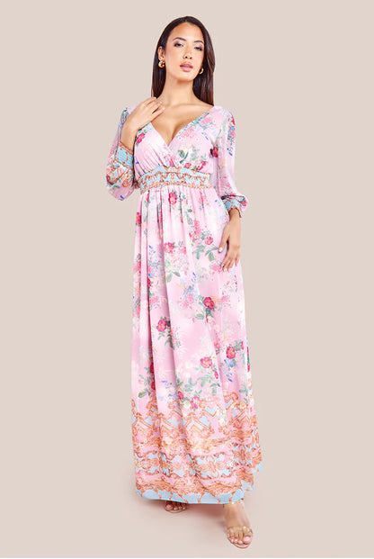 CHIFFON WRAP BORDER FLORAL PRINT MAXI DRESS