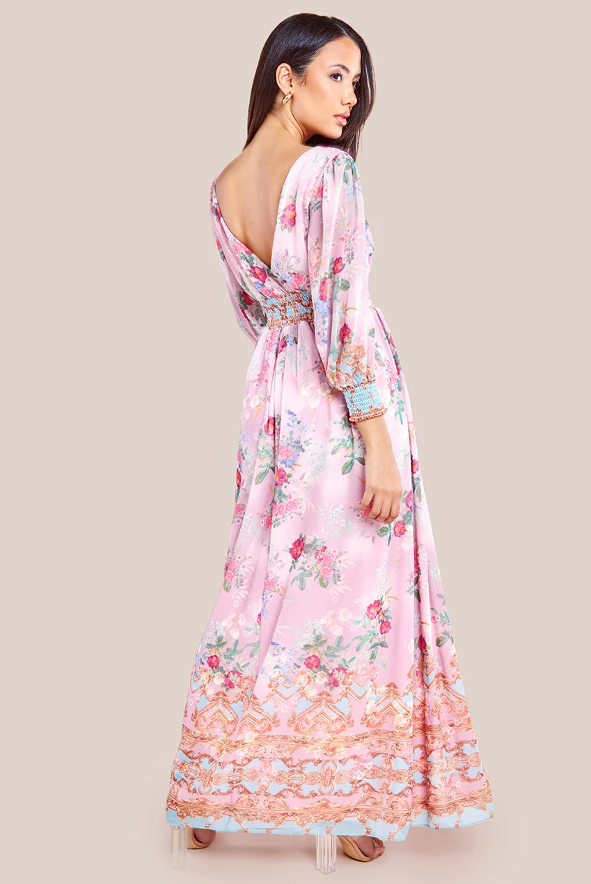 CHIFFON WRAP BORDER FLORAL PRINT MAXI DRESS