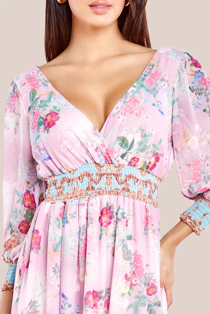 CHIFFON WRAP BORDER FLORAL PRINT MAXI DRESS