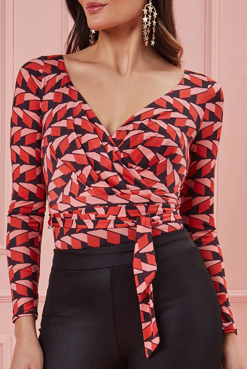 GEOPRINT LONG SLEEVE WRAP BODYSUIT