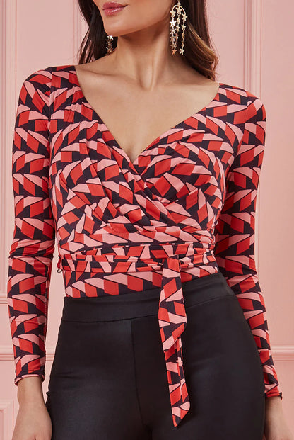 GEOPRINT LONG SLEEVE WRAP BODYSUIT