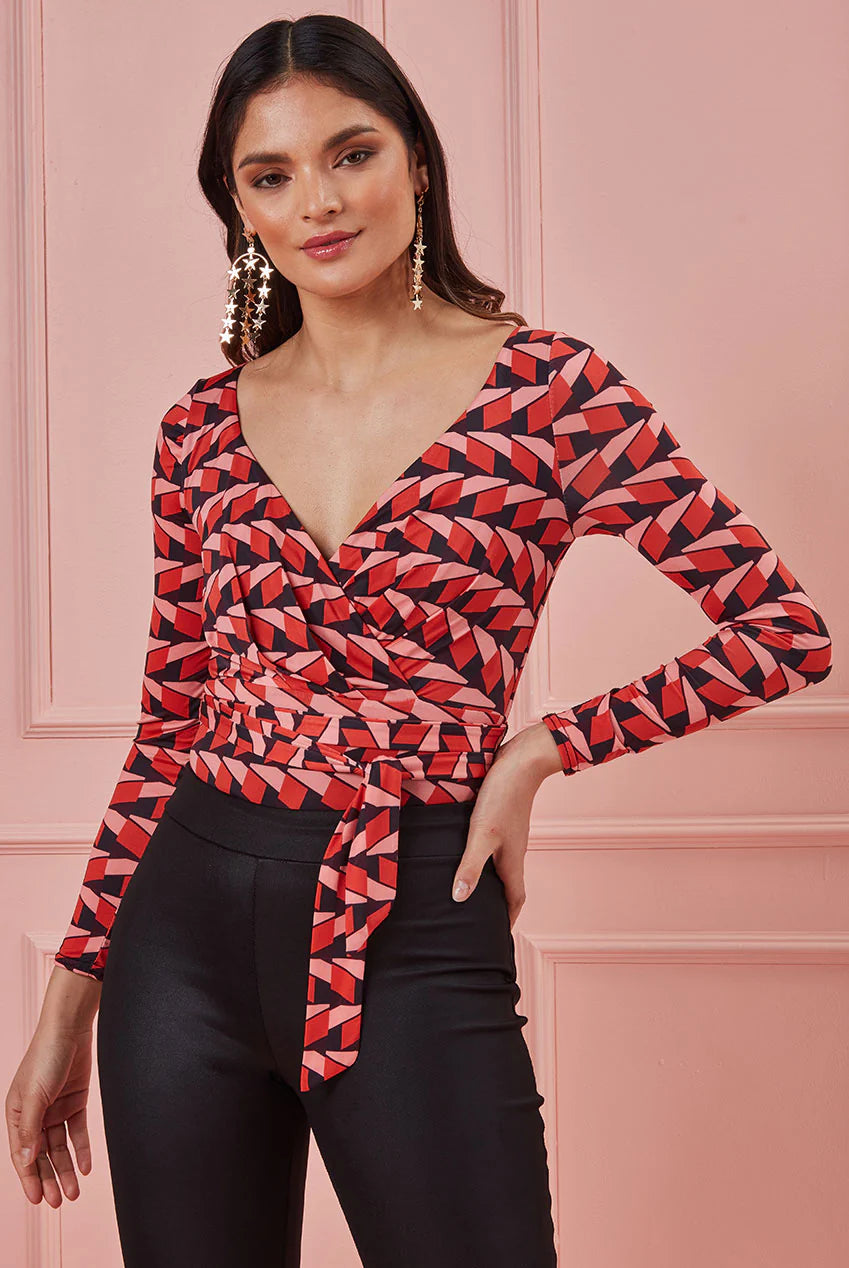 GEOPRINT LONG SLEEVE WRAP BODYSUIT