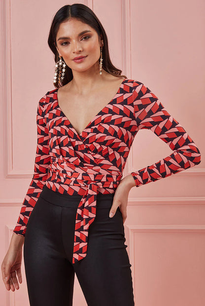 GEOPRINT LONG SLEEVE WRAP BODYSUIT