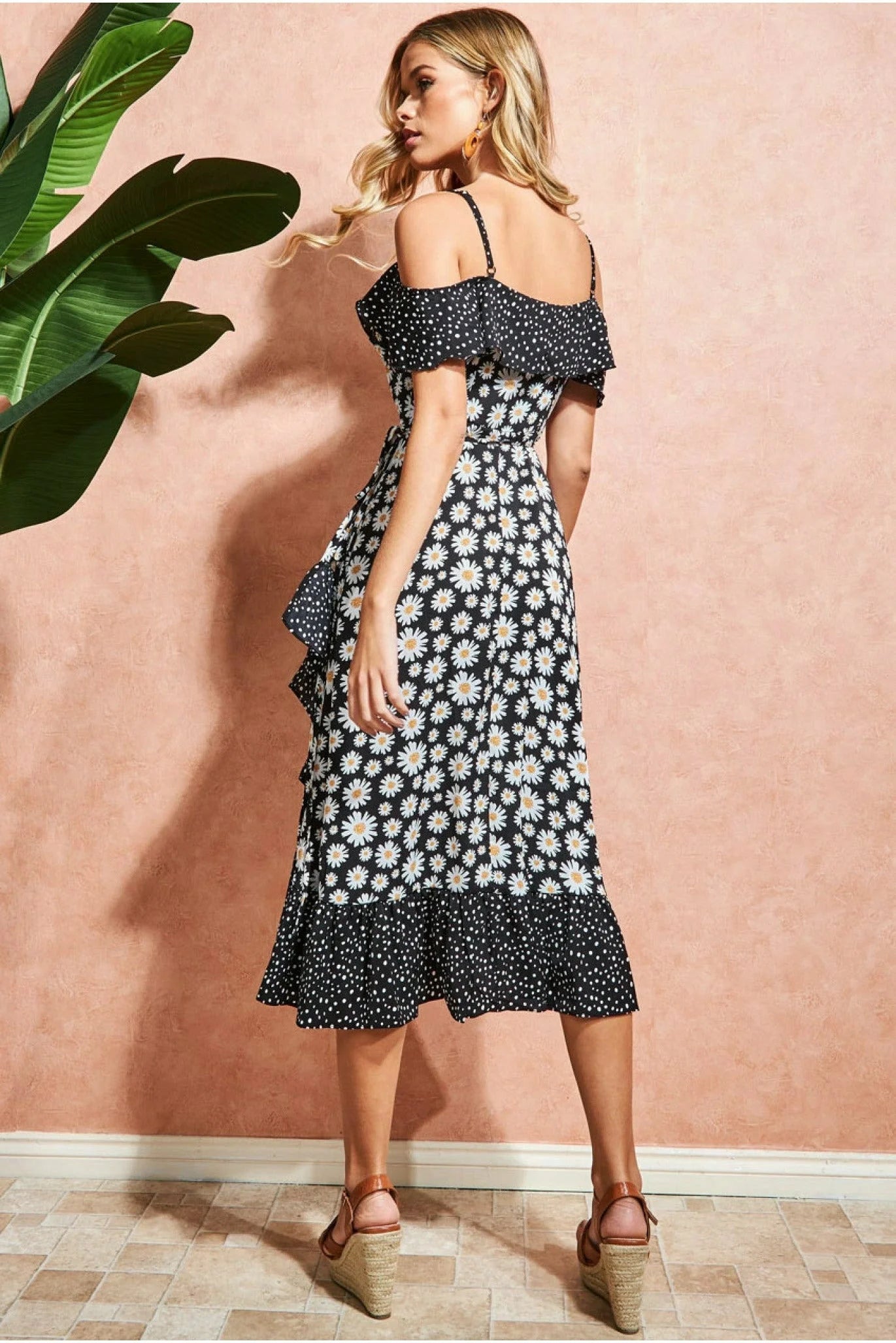 COLD SHOULDER MIDI WRAP DRESS