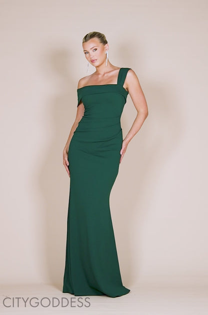 OFF SHOULDER ASYMMETRIC PLEATED WAIST MAXI DRESS