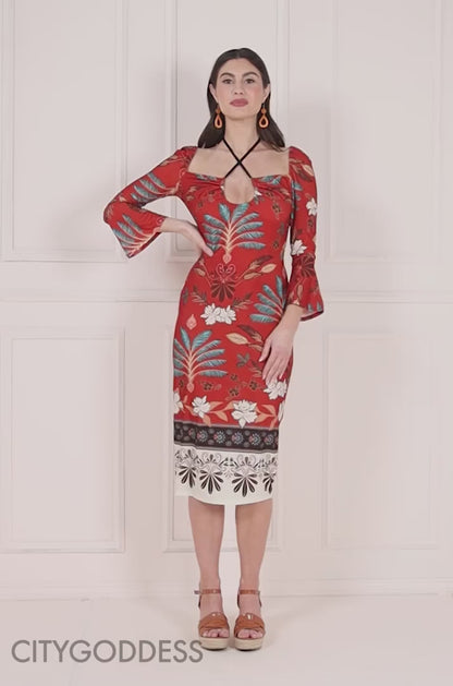 PRINTED TIE BACK MIDI DRESS