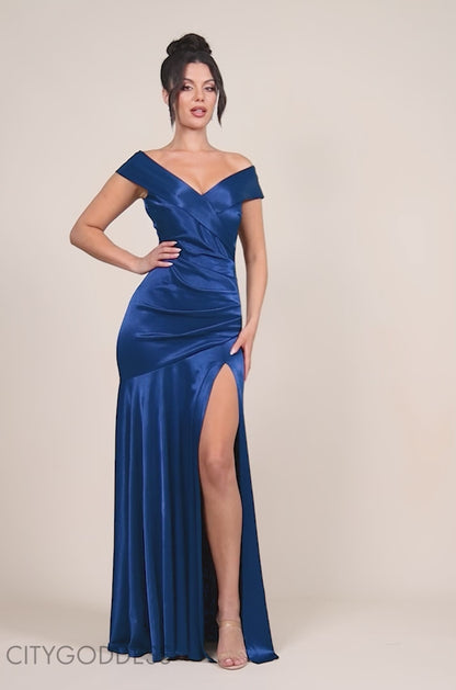 SATIN OFF SHOULDER PLEATED MAXI DRESS